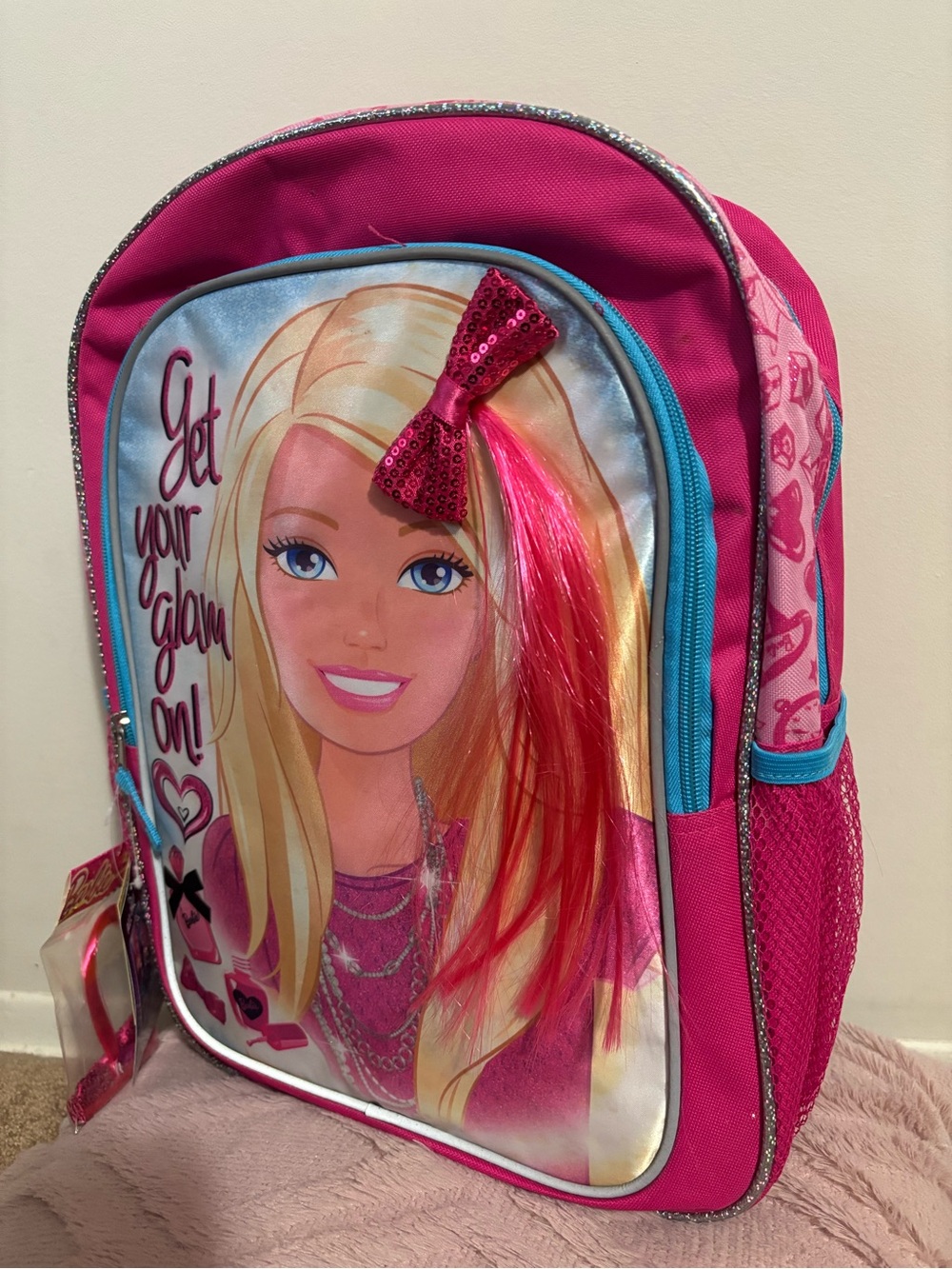 Barbie Pink Backpack with Blue Trim and Sequin Bow Accent